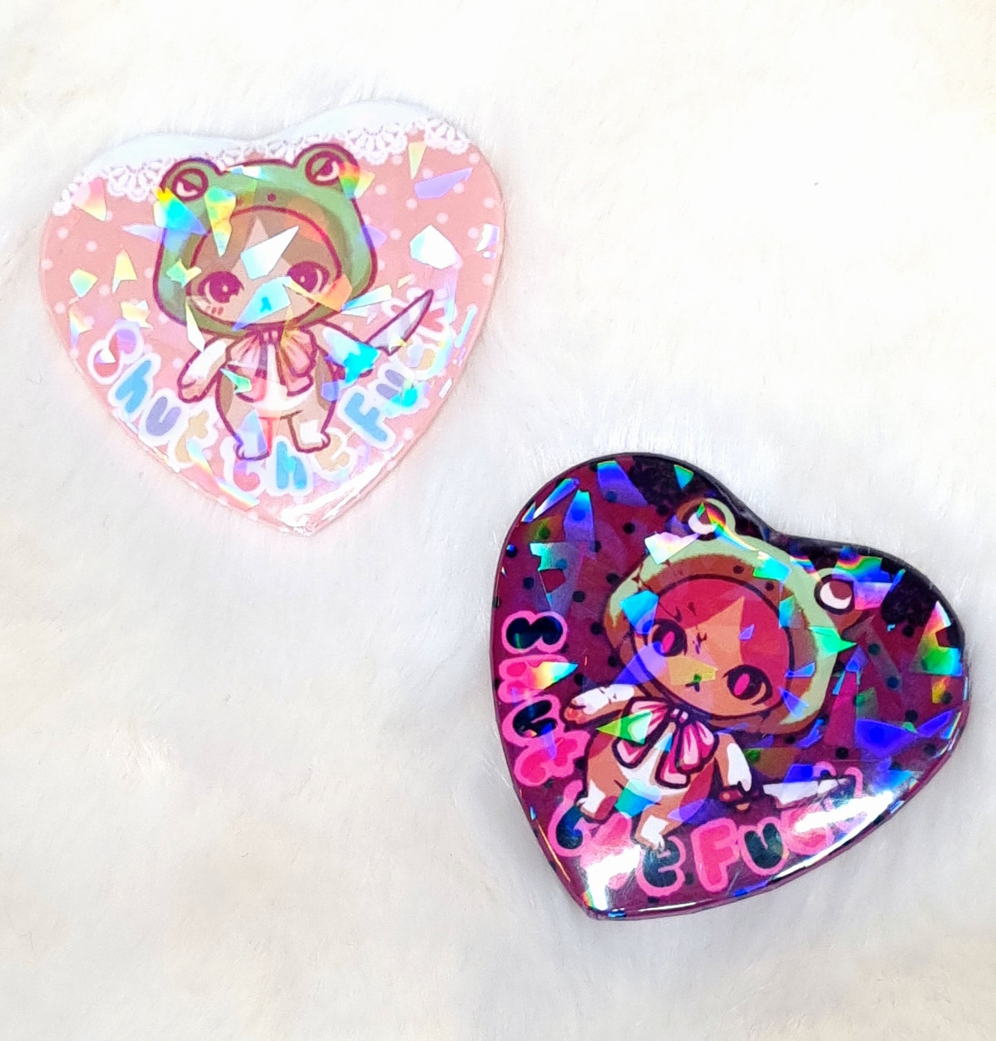 Frog Cat 'SHUT THE FUCK' Heart Button Pins