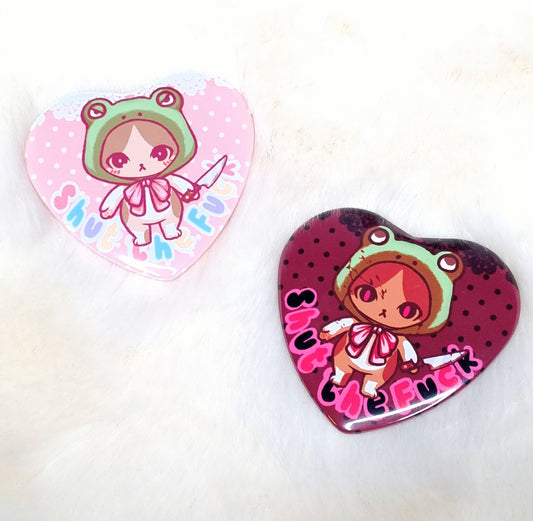 Frog Cat 'SHUT THE FUCK' Heart Button Pins