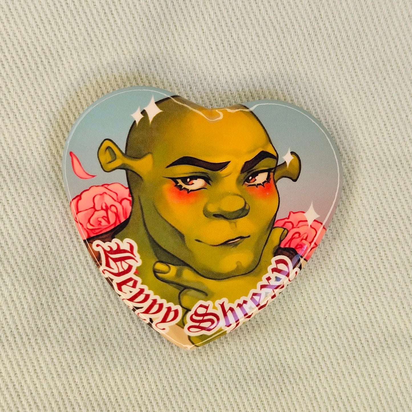Hey Shrexxy Heart Shaped Button Badge